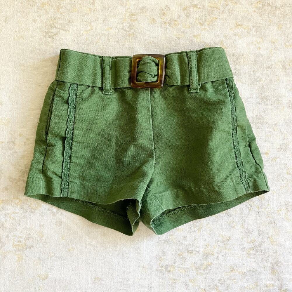 Janie and Jack Girls 3-6 Mos Belted Shorts Green Tortoise Shell Buckle Trim
